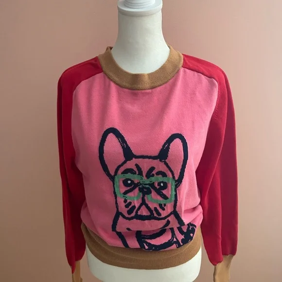 French Bulldog Graphic Sweater | Colorblock Pink & Red | Cute Statement Knit Top - Picture 5 of 5